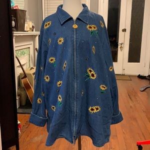90s Embroidered/Rhinestone Denim Zip-Up Shacket